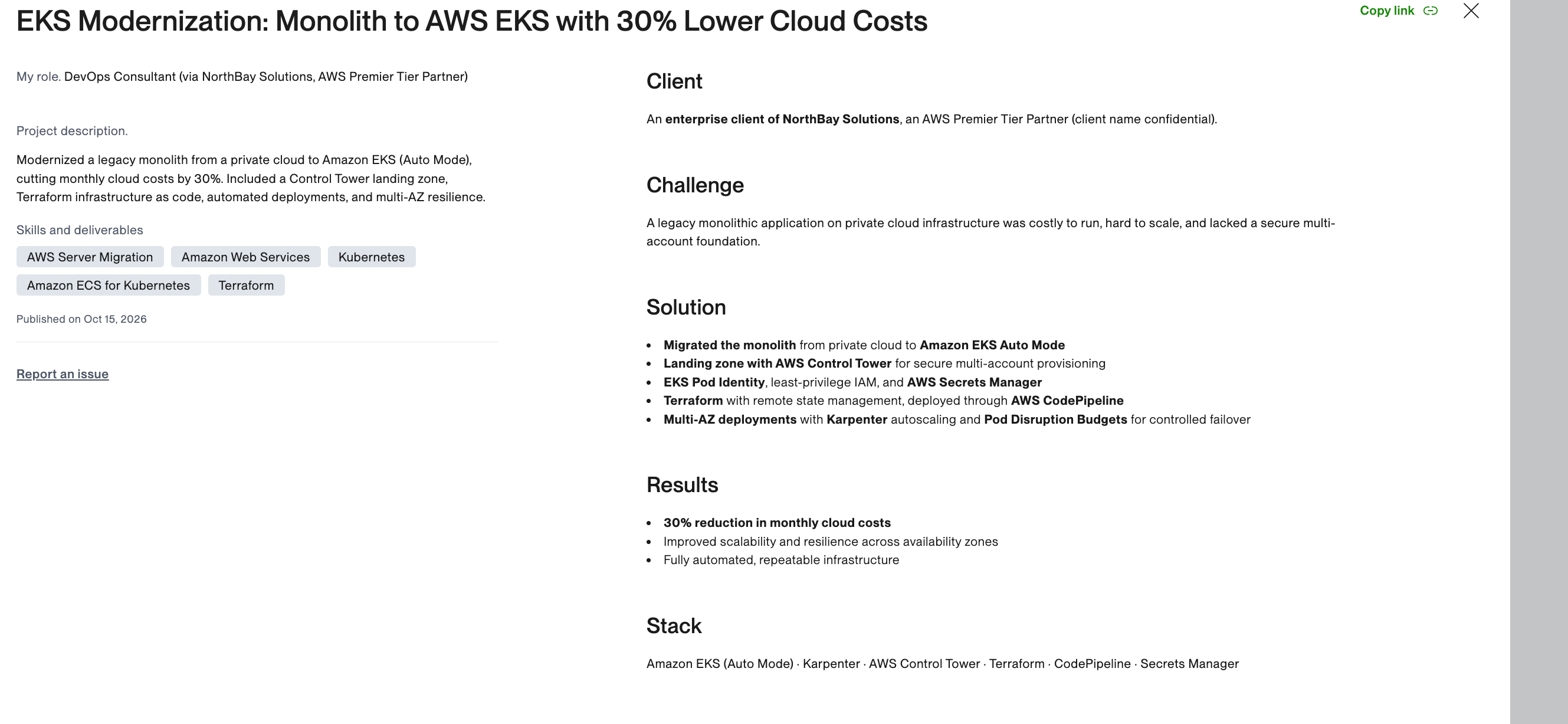 Portfolio describing EKS Auto Mode modernization via NorthBay Solutions and a reported 30 percent monthly cloud cost reduction