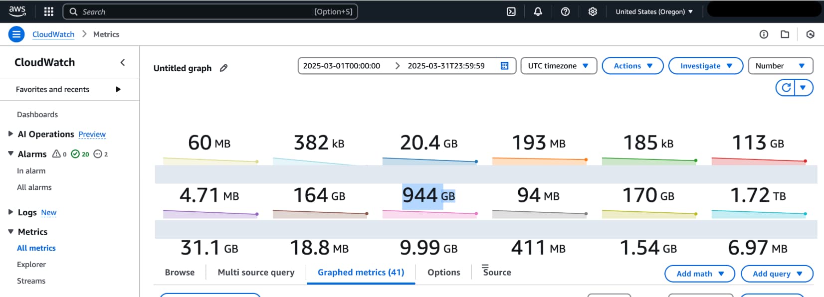 CloudWatch ingestion metrics for March 2025 with workload identifiers redacted