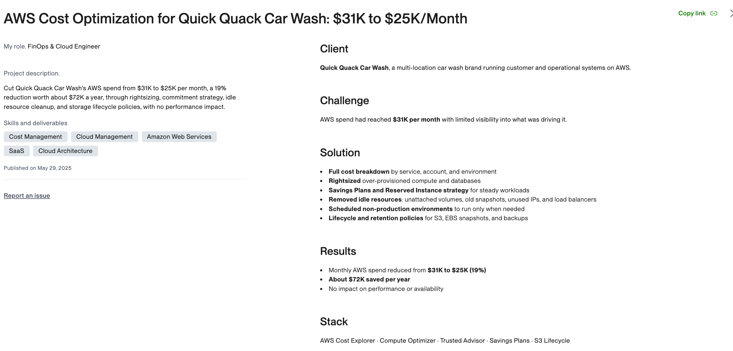 Quick Quack Car Wash portfolio reporting AWS spend reduction from about 31,000 to 25,000 dollars per month
